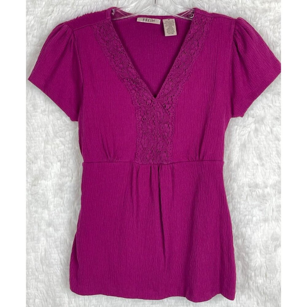 Fresh Medium Short Sleeve Purple V-Neck Tie Back Top Fuschia